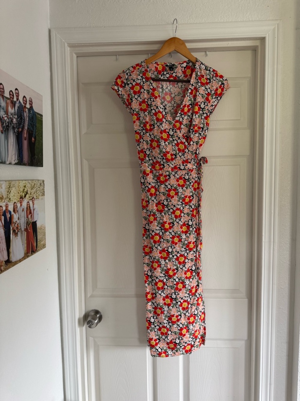 J. Crew Floral Wrap Midi Dress in Red, Pink and Yellow, Size Small